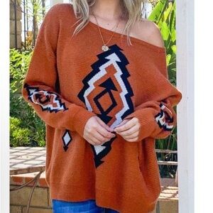 Women's Geometric Pattern Sweater - Rust